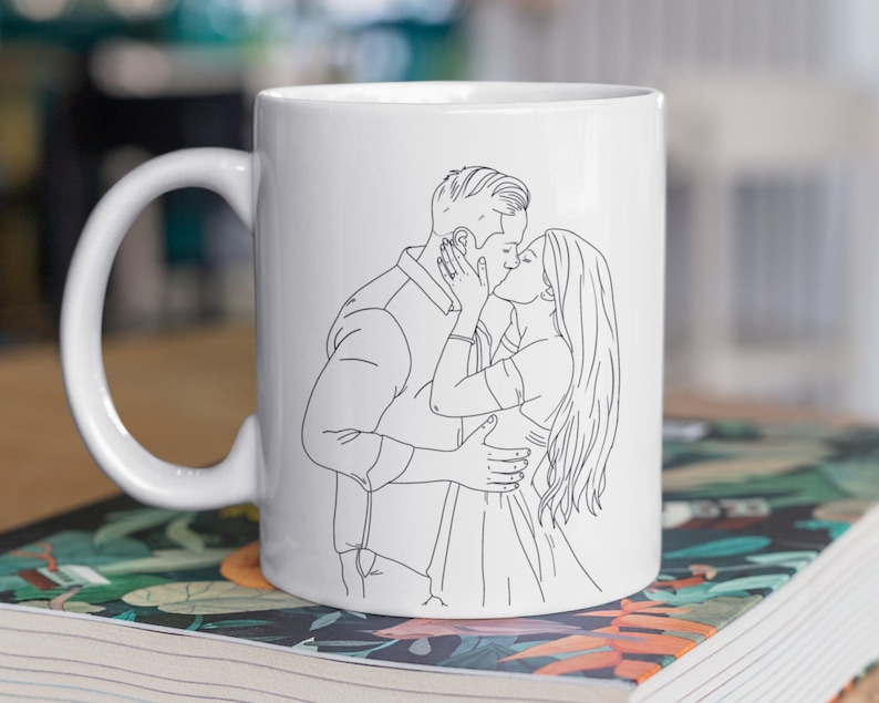 Tazza personalizzata per foto con disegno a tratteggio di coppia, tazza  artistica con ritratto personalizzato